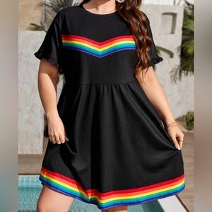 NEW 4 XL Plus Rainbow Striped Frill Trim Smock Dress